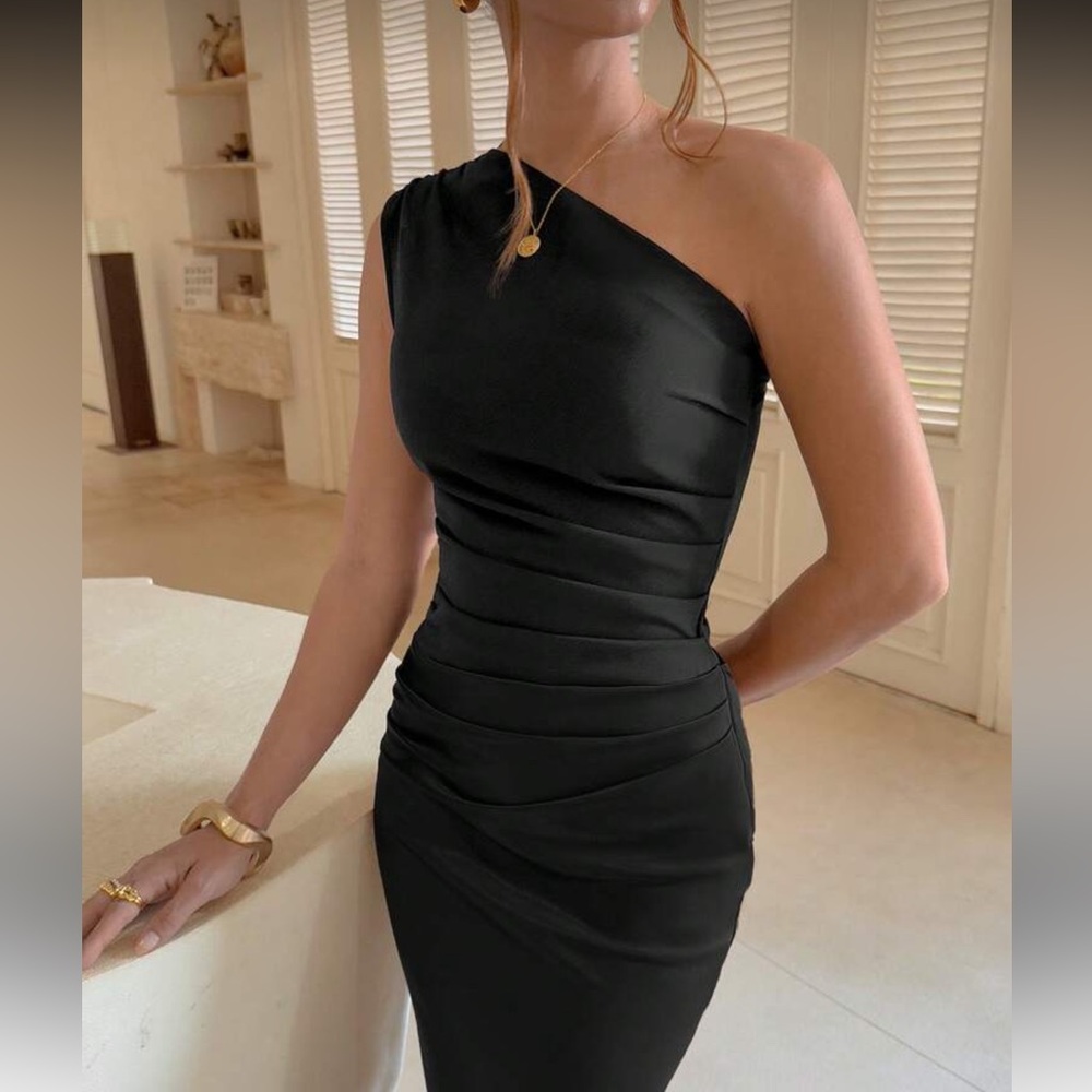 Luxe black one shoulder party formal evening gown dress - Picture 6 of 8